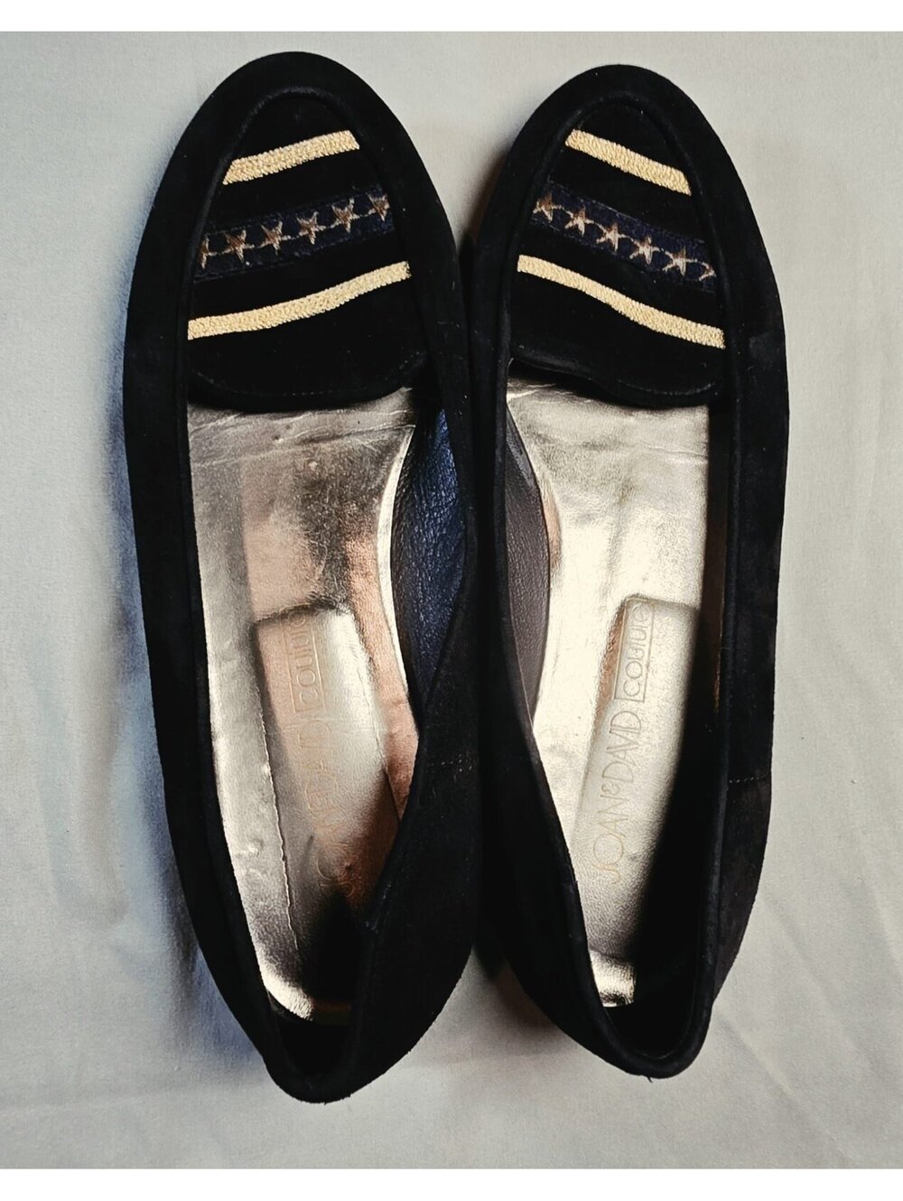 Joan & David Black Suede Loafers with Embroidered Star and Stripe Detail, size 8